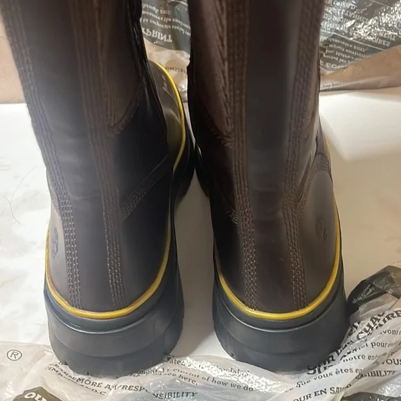 New Timberland Women's Waterproof Tall  Boots Brown yellow trim NEW IN BOX - Picture 4 of 8